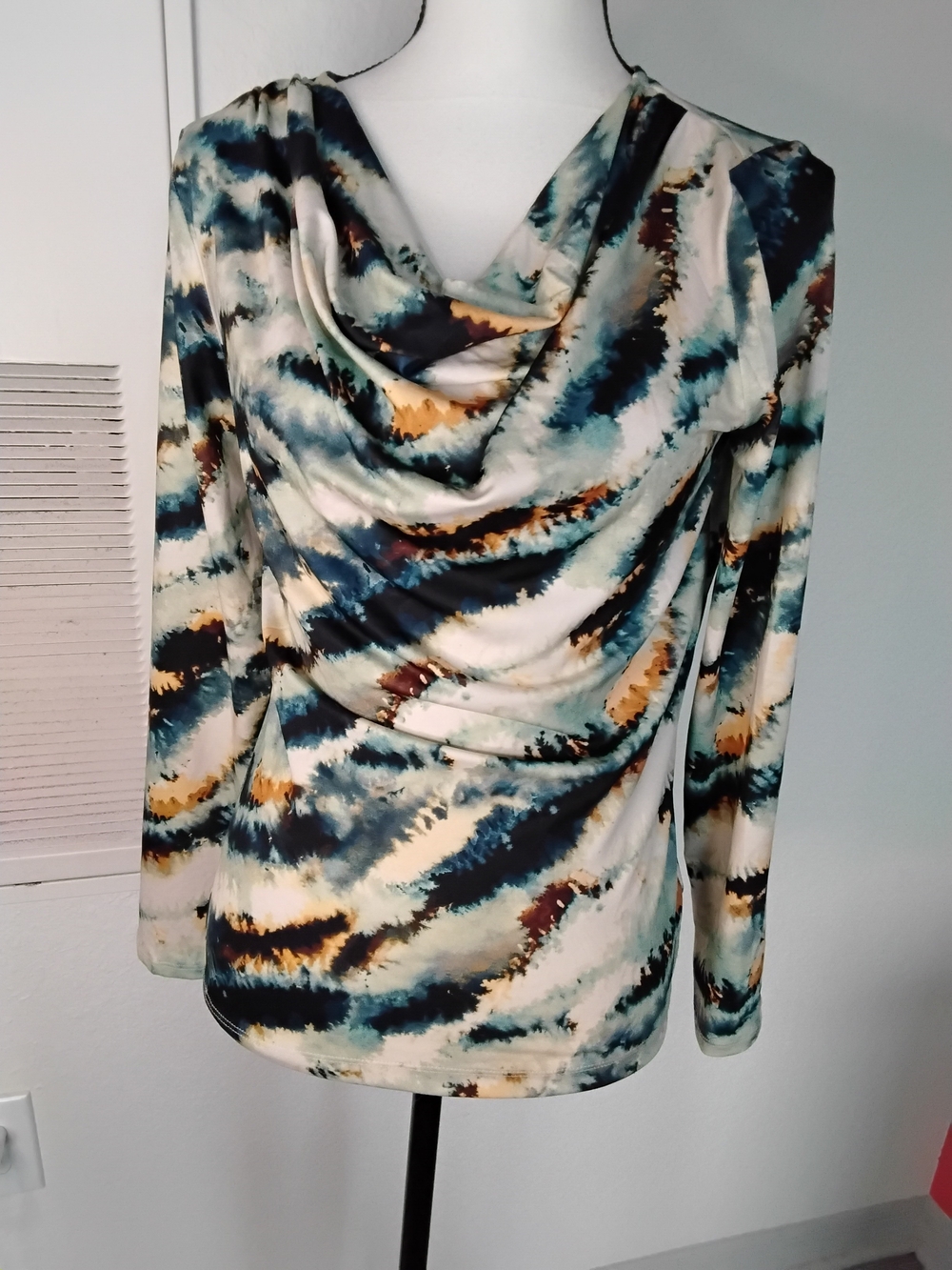 Cowl Neck Long Sleeve Blouse in Teal, Cream & Gold